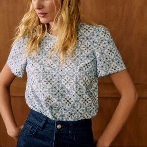 Sézane Annabelle XS Blue and White Eyelet Women’s Top